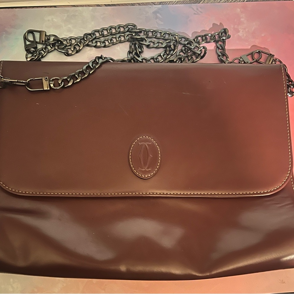 Cartier Burgundy Leather Shoulder Bag with Gold Plaque and Black Chain